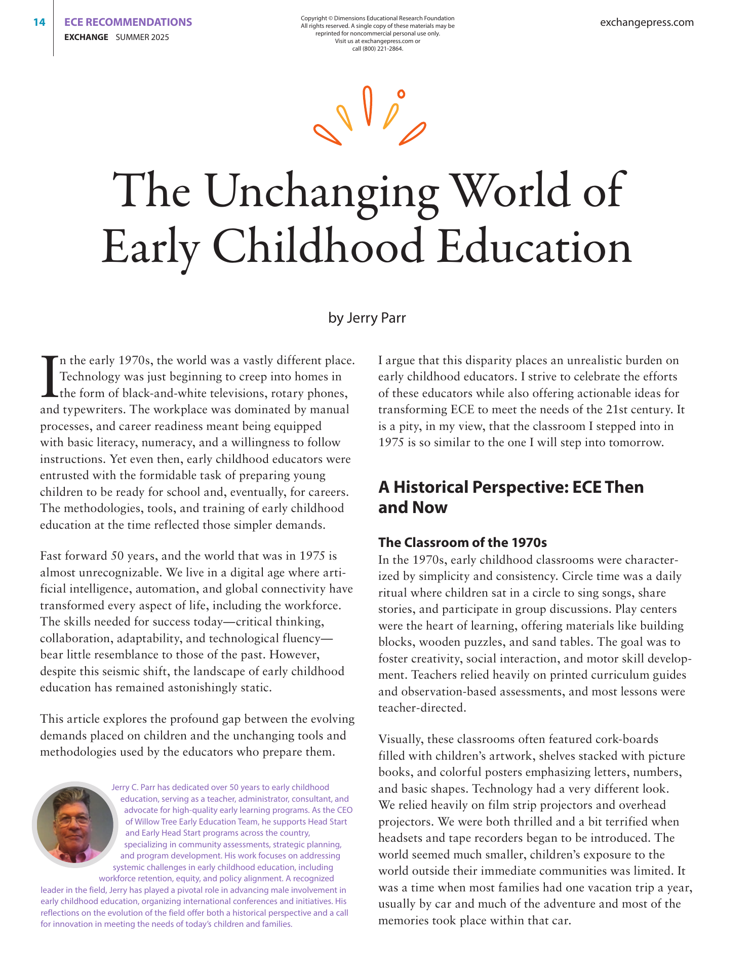 First page of “The Unchanging World of Early Childhood Education” by Jerry Parr, Exchange Summer 2025