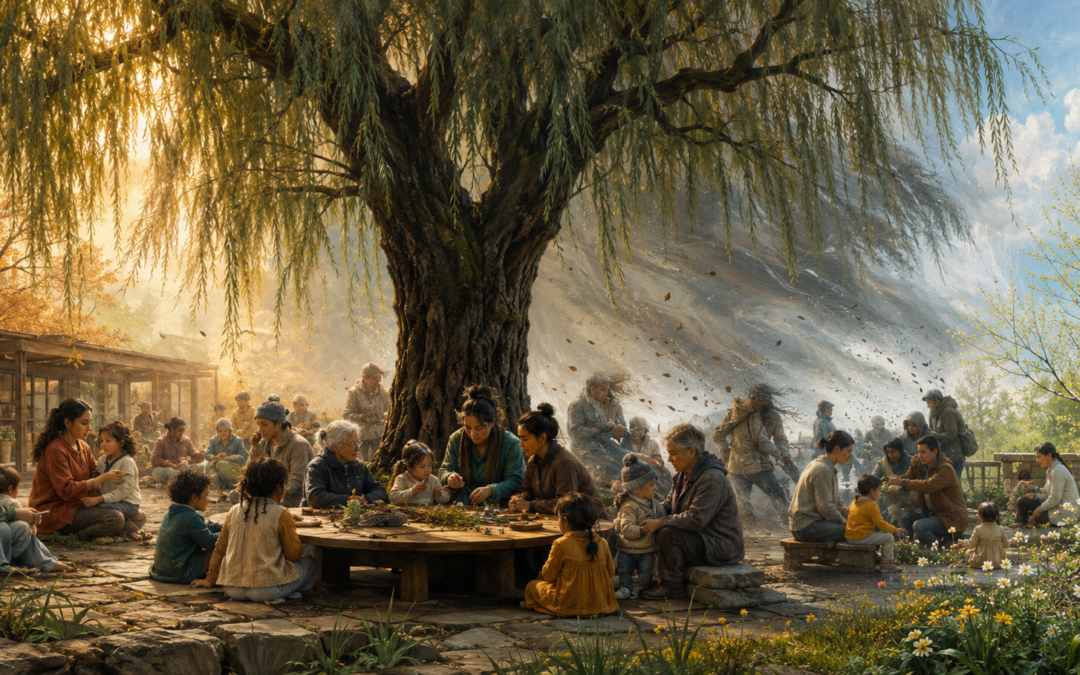 A multigenerational early-childhood community remaining connected beneath a deeply rooted willow tree as changing weather gives way to renewed growth.